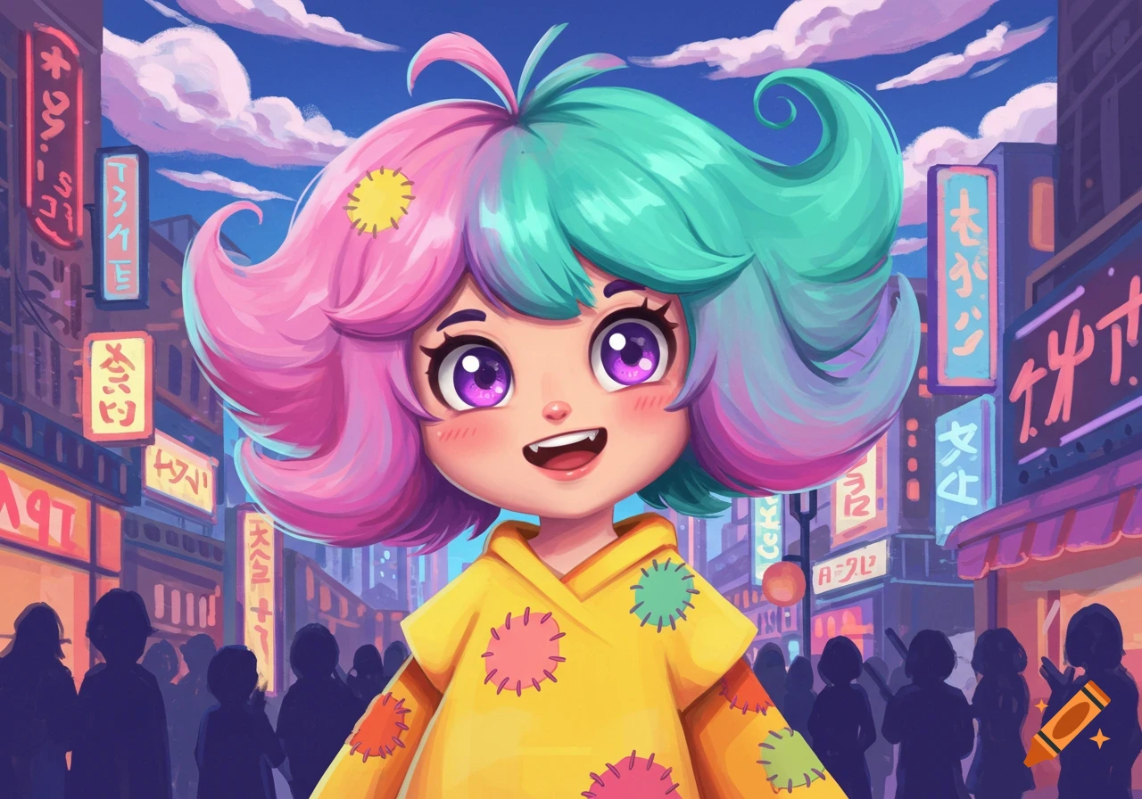 A vibrant cartoon anime girl with pink and teal hair, big purple eyes, and a yellow hoodie with colorful patches, smiling in a brightly lit city street with neon signs at dusk.