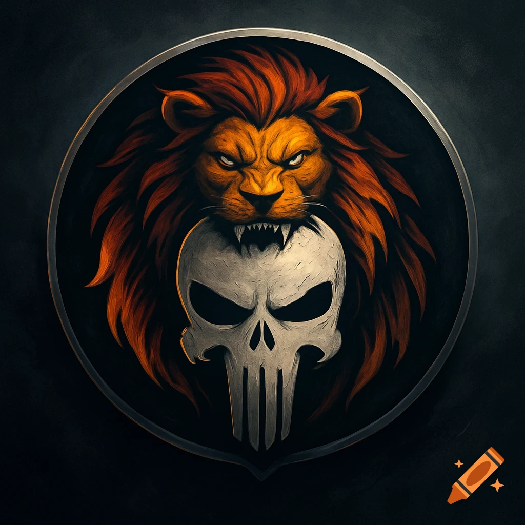 A stylized roaring lion with a fiery mane biting a white Punisher skull emblem on a dark circular shield background.