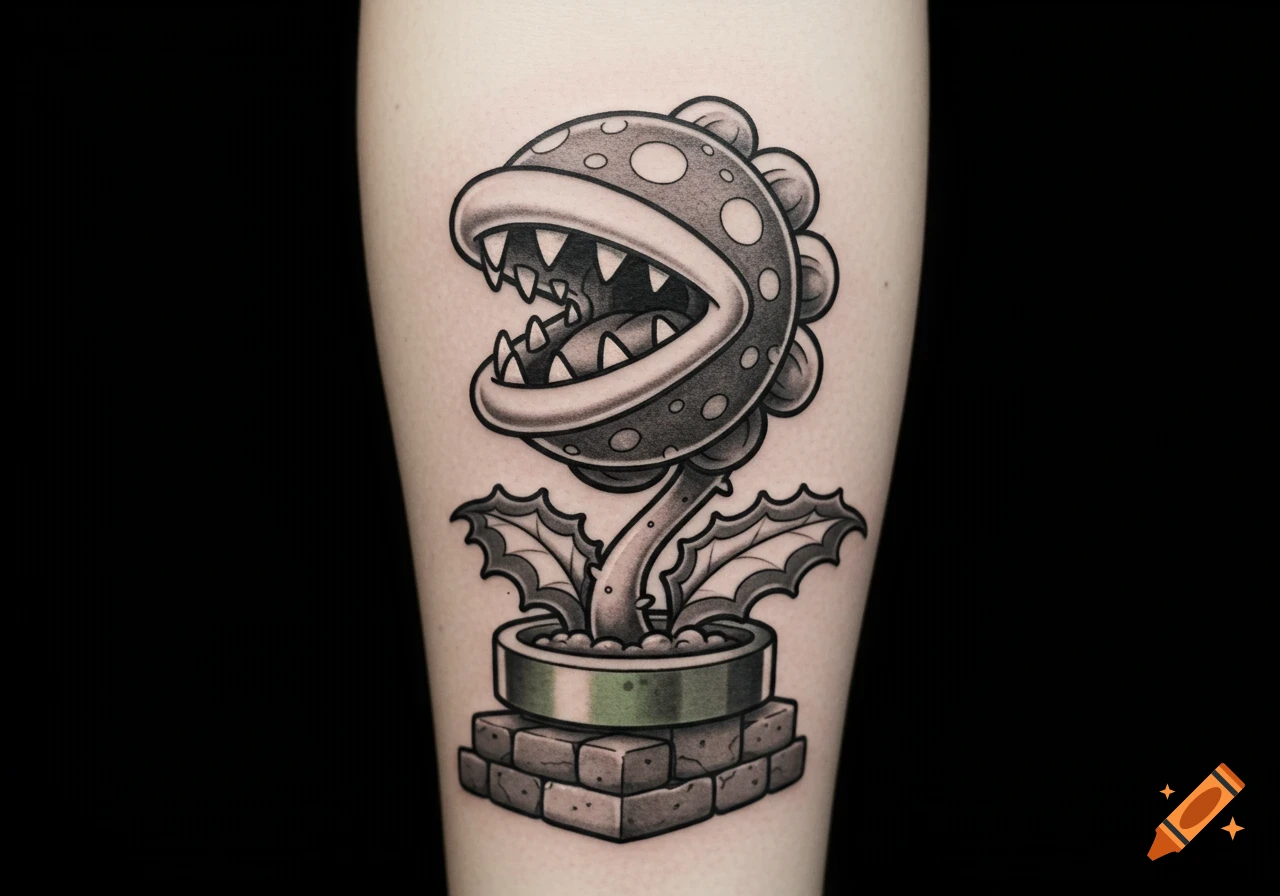 Black and grey Piranha Plant tattoo on skin, sitting in a green tube on a stack of bricks.