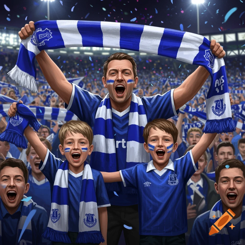 A father and two sons cheer excitedly at an Everton football match, wearing blue and white scarves and shirts, with blue face paint. Confetti falls around them in a packed stadium.