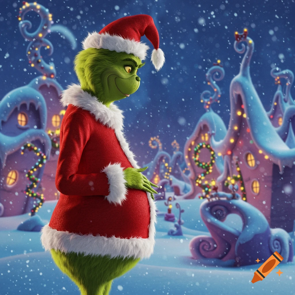 A pregnant Grinch in a Santa suit stands in a snowy, festive Whoville village at night.