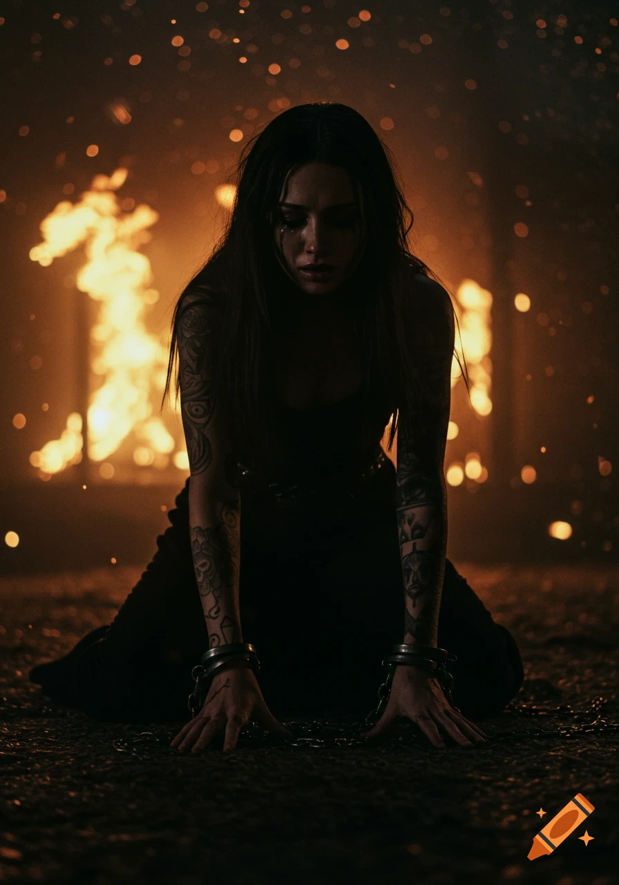A hyper-realistic cinematic portrait of a woman kneeling with chained wrists, a tear on her cheek, in front of a burning building.