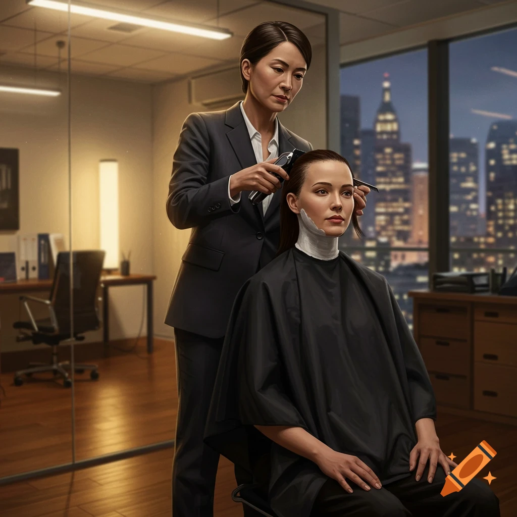 Photorealistic image of a woman in a business suit shaving another woman's head in a modern office with a city night view.