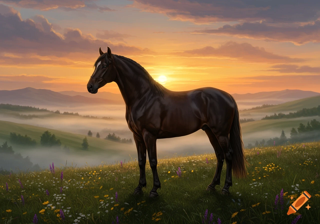 A dark horse stands in a field of wildflowers with misty green hills and an orange sunset sky in the background.
