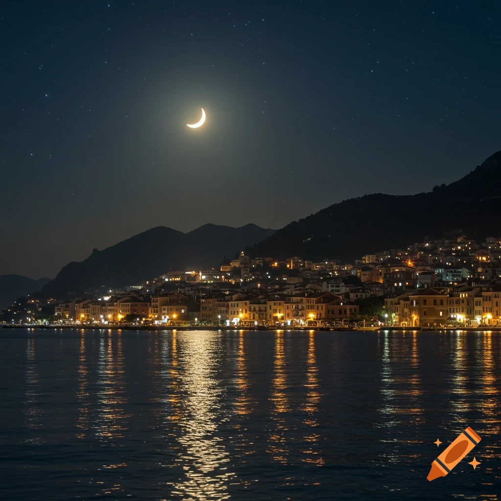 A crescent moon shines over a coastal town nestled at the base of mountains, with lights reflecting on the calm sea at night, photorealistic.
