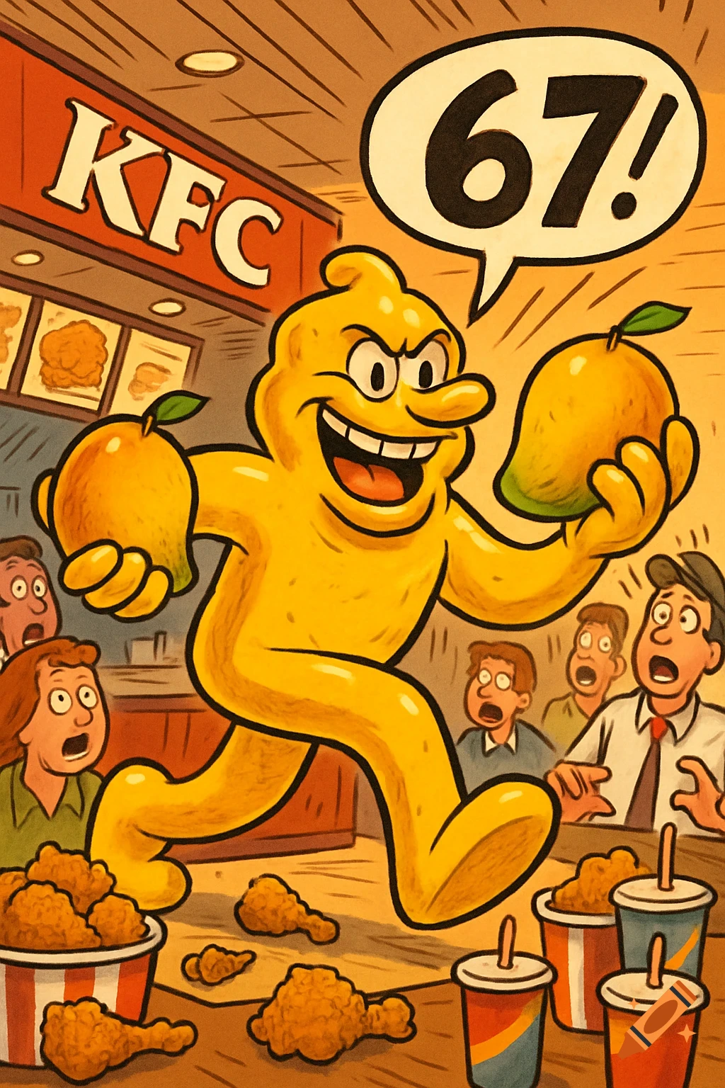 A yellow, blob-like cartoon man with an evil grin runs through a KFC restaurant, holding two mangoes. He has a speech bubble that says "67!" as shocked customers look on, with fried chicken and drinks spilled on the floor.