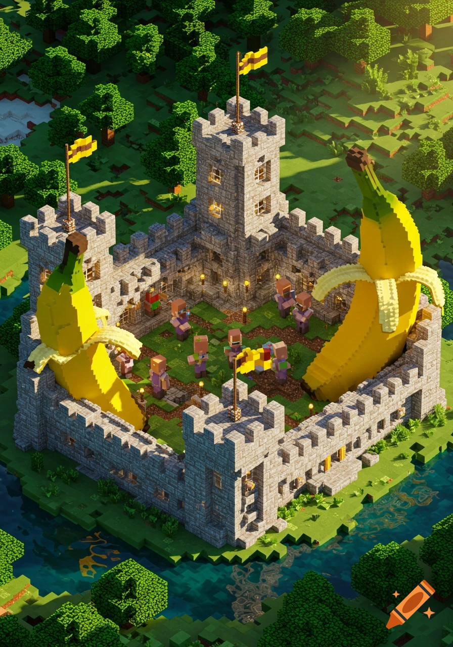 A blocky Minecraft-style castle with two giant peeled bananas, villagers, surrounded by a river and trees.