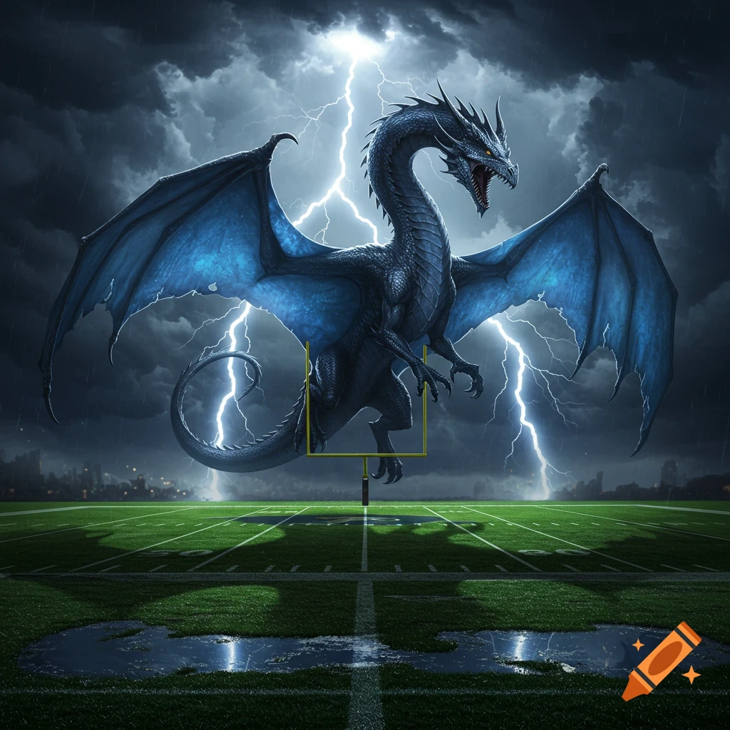 A powerful blue-winged dragon hovers over a rain-soaked football field under a stormy sky with lightning.