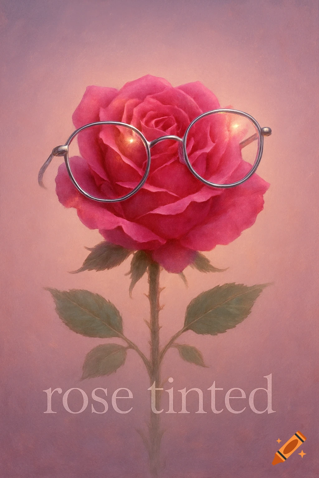A pink rose wearing round silver glasses, with the words 'rose tinted' beneath, against a soft pink background.