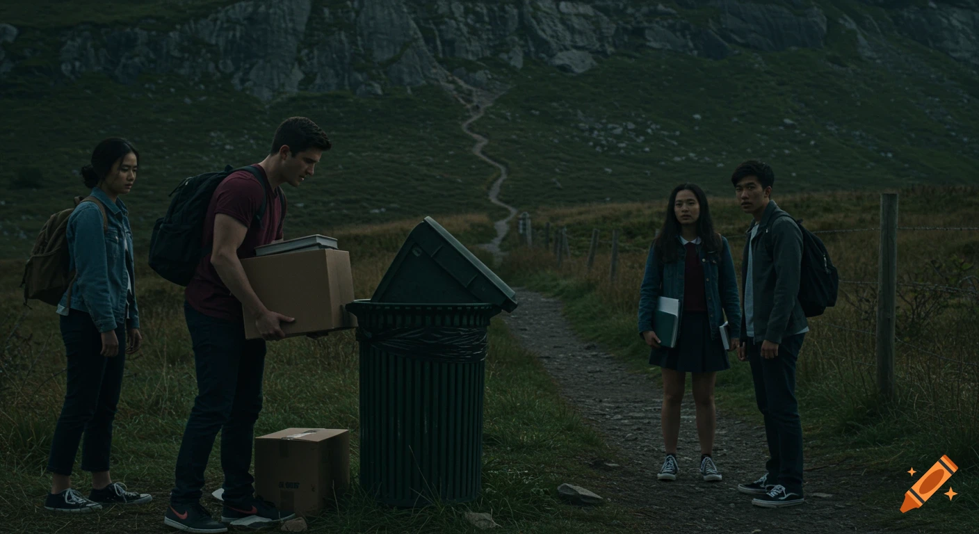 Four diverse students by a trash can in a national park. A man discards textbooks; others watch as a steep hiking trail ascends.