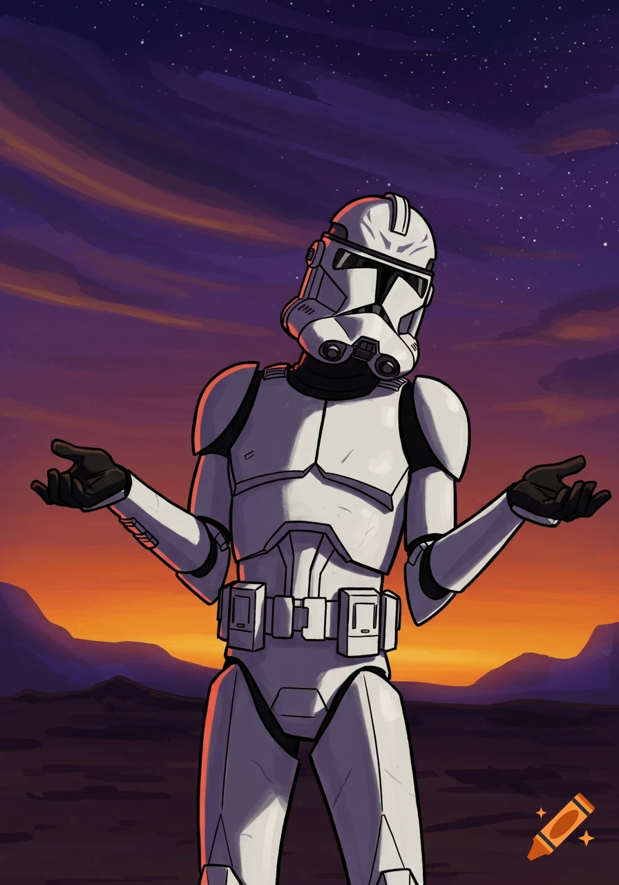 A Star Wars clone trooper in a cartoon style shrugging against a dramatic sunset and starry sky.