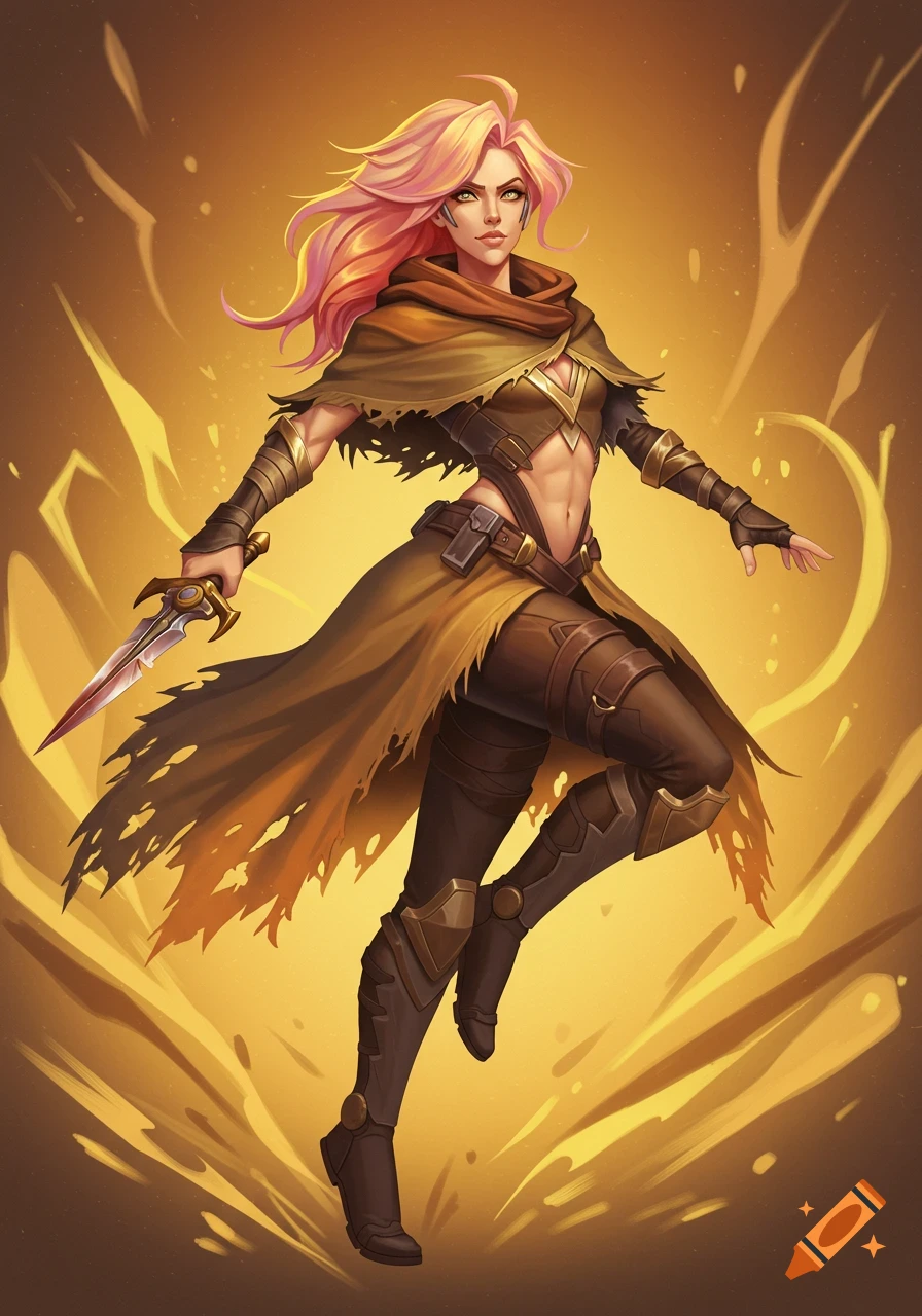 A vibrant, stylized illustration of a female fantasy warrior with pink hair, a torn cloak, and a dagger, suspended in golden swirling energy.