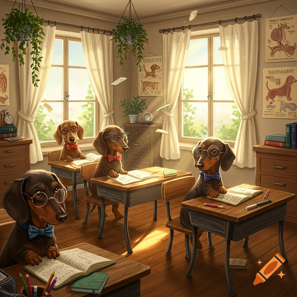 A whimsical illustration of several dachshunds in glasses and bow ties, sitting at wooden desks in a sunlit classroom, appearing to study from open books.