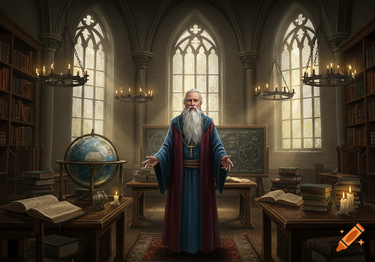 A wise old man with a white beard and blue-red robe stands in a grand gothic library with arched windows, bookshelves, and a globe.