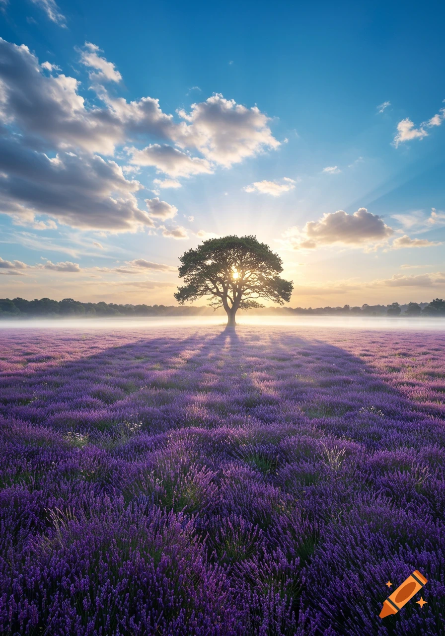 A single tree silhouetted against a radiant sunset over a vast field of purple lavender flowers with light fog.