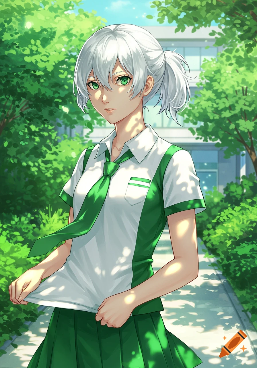 An anime girl with white hair tied in a ponytail and green eyes wears a green and white school uniform with a green tie, standing outdoors on a sunny day.