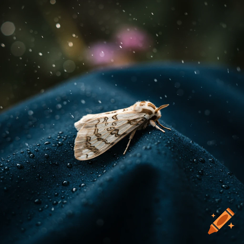 Close-up of a fuzzy brown and white moth with patterned wings resting on wet dark blue fabric with bokeh background. Photorealistic.