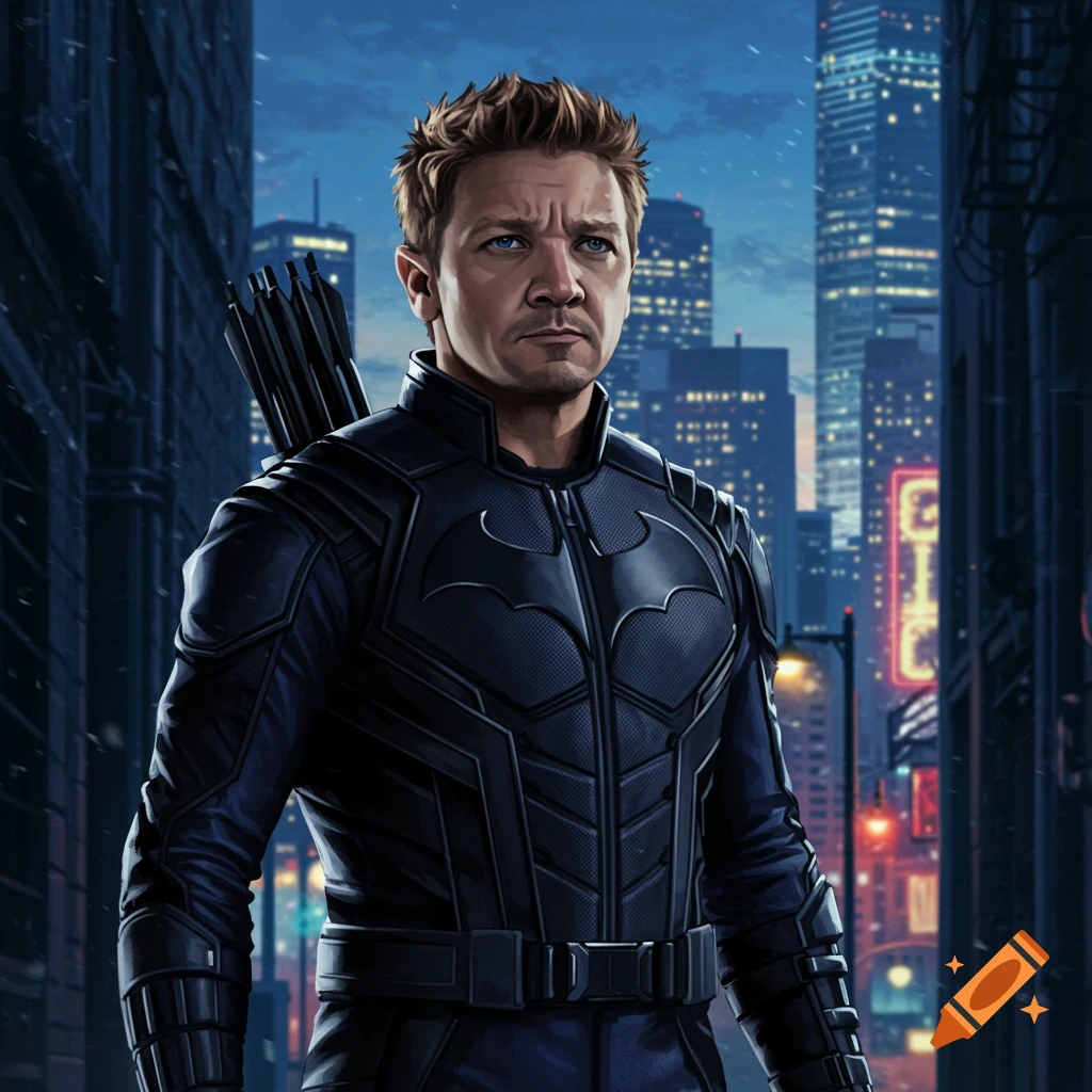 Digital illustration of Hawkeye in a dark armored suit with a Batman symbol and quiver, standing in a snowy city at night.