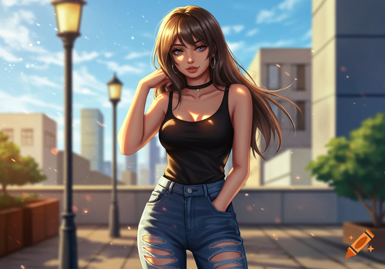 Anime-style woman with brown hair in a black tank top and ripped jeans stands on a sunny city rooftop.