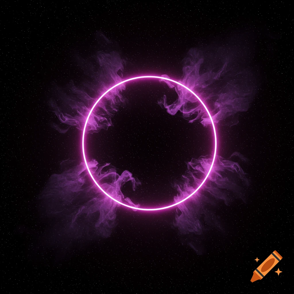 A vibrant pink-purple neon ring surrounded by swirling purple smoke, set against a dark, starry cosmic background.