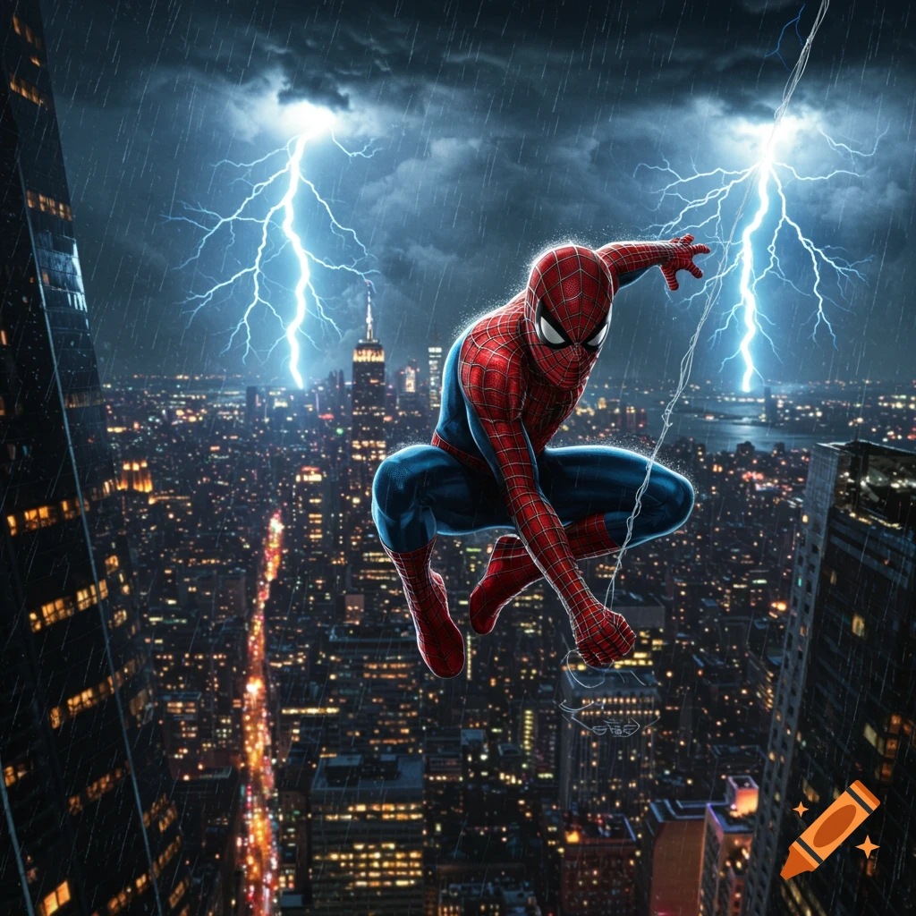Spider-Man swings through a rainy, lightning-struck New York City skyline at night.