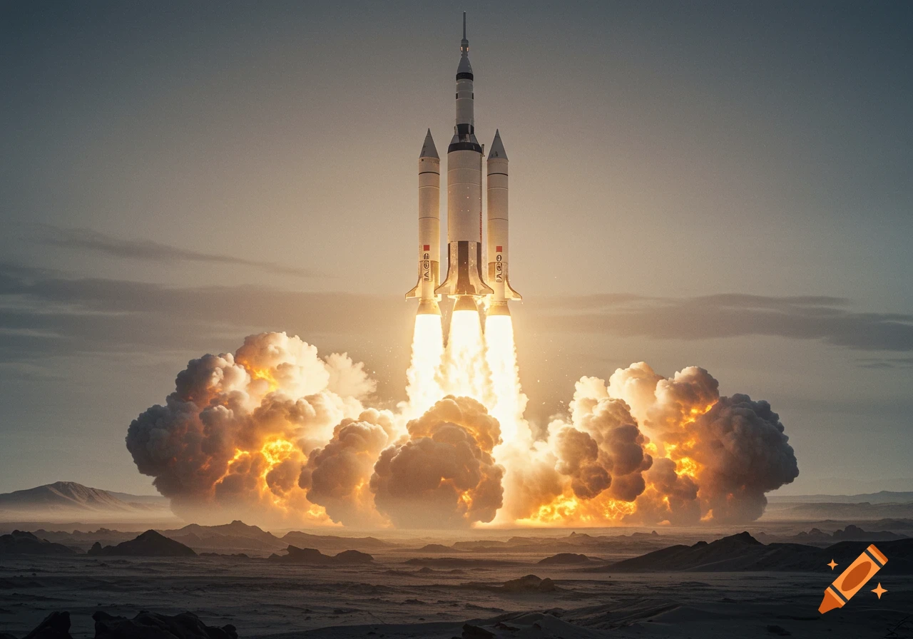 A massive multi-stage rocket launches from a desolate rocky landscape, surrounded by bright orange fire and smoke.
