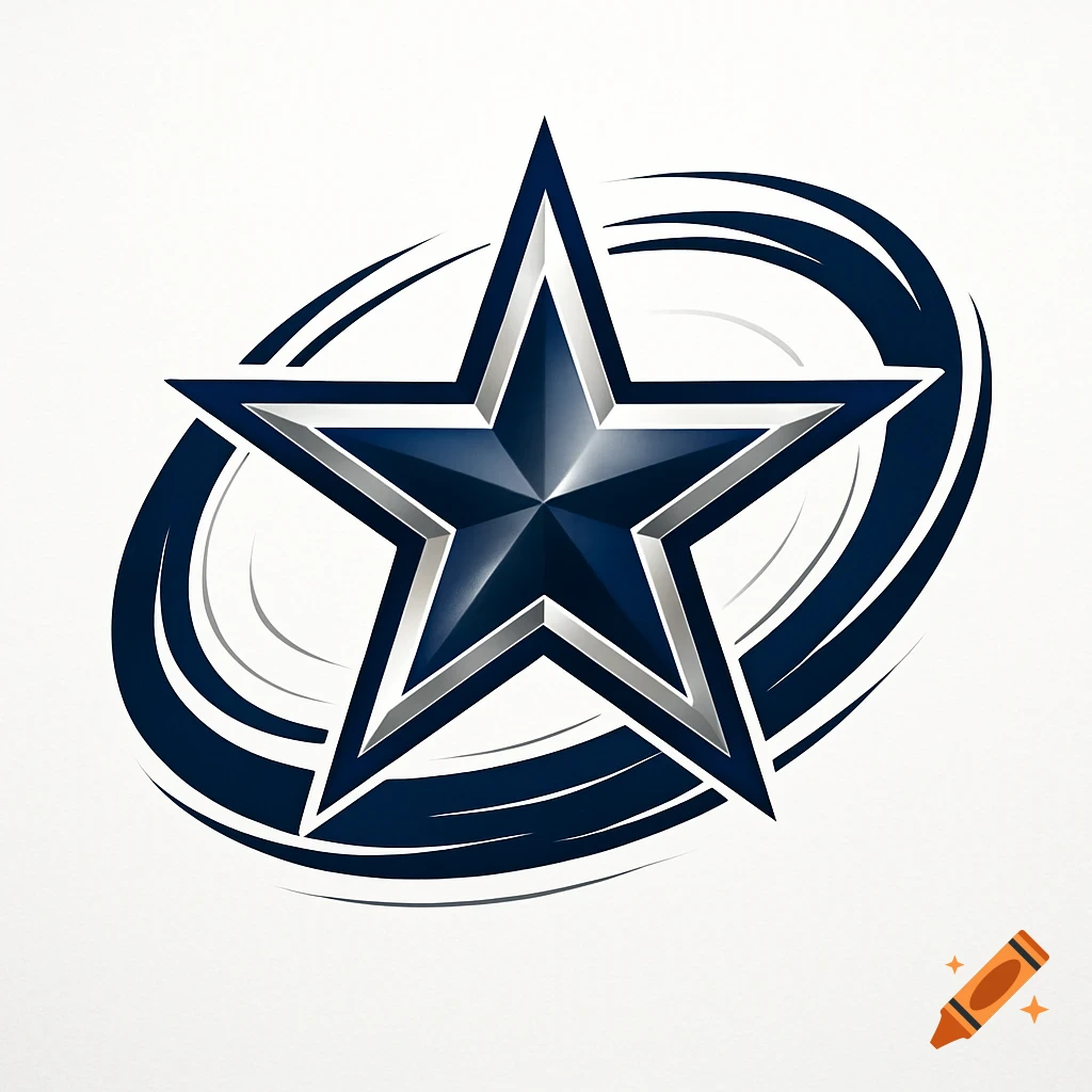 A stylized Dallas Cowboys-inspired logo featuring a blue and silver star surrounded by dynamic dark blue and white swooshes on a white background.