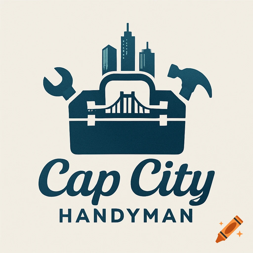 Logo for Cap City Handyman featuring a toolbox, wrench, hammer, cityscape, and bridge in dark blue on an off-white background.