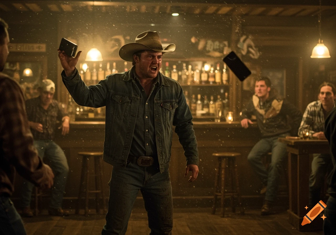 A man in a cowboy hat yells and throws a phone in a dimly lit, rustic bar, while others watch.