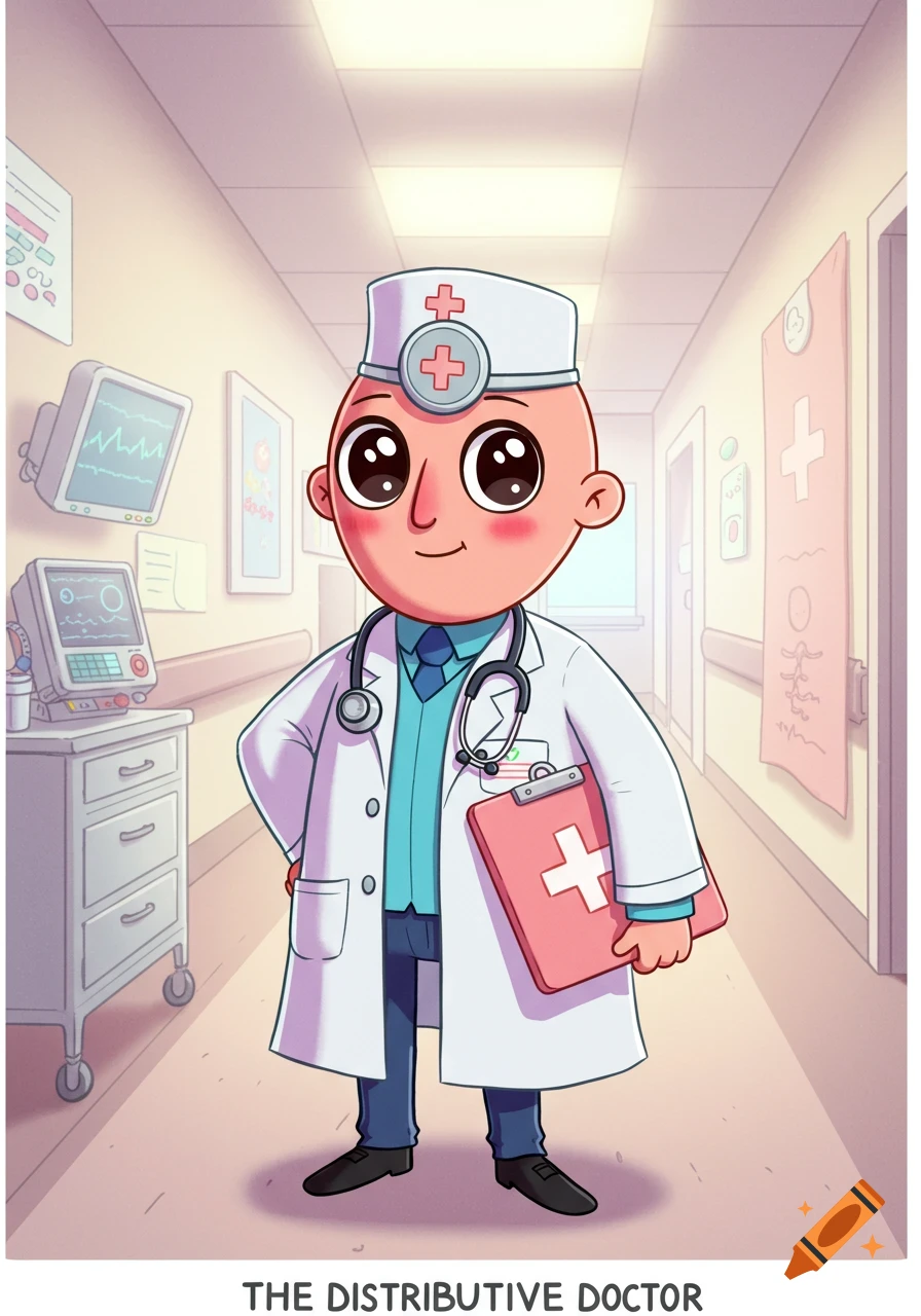A cartoon-style doctor with big eyes, wearing a white coat and stethoscope, holding a clipboard with a red cross, standing in a hospital hallway. Title reads "THE DISTRIBUTIVE DOCTOR".