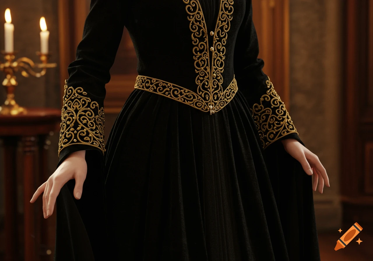 Close-up of a person in a black velvet gown with intricate gold embroidery on the neckline, cuffs, and waist, in a candlelit room.