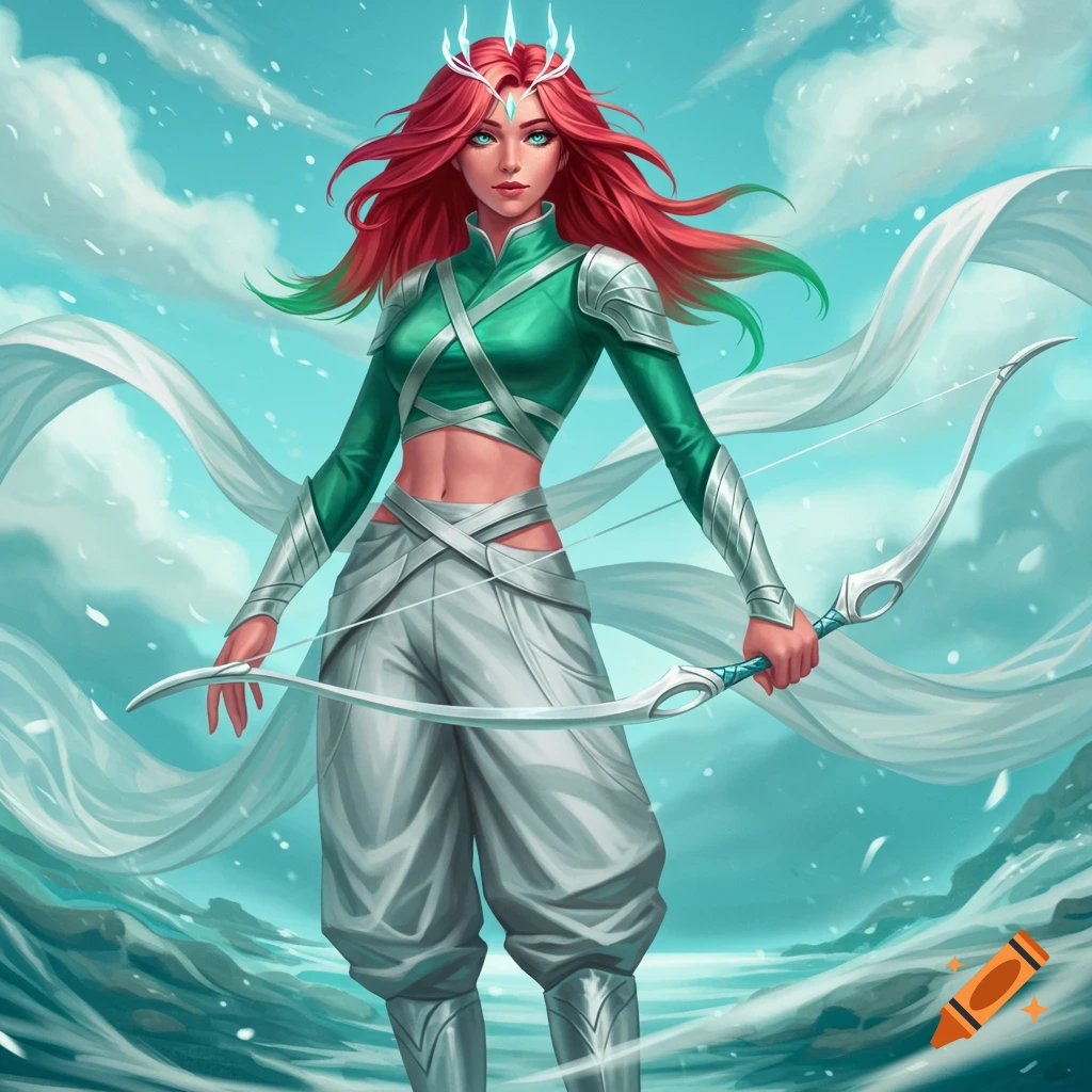A female fantasy archer with red hair, icy green top, white baggy pants, and a white bow, stands in a snowy, windy landscape. Digital art.