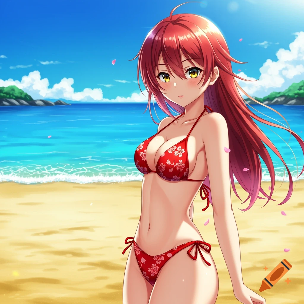An anime girl with scarlet red hair and amber eyes in a red floral bikini on a sunny beach.