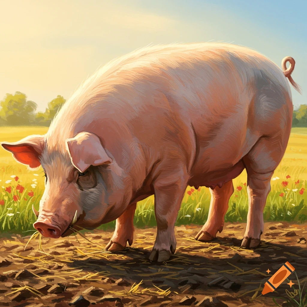 A large, pink pig with tusks sniffs hay on a sunny, dirt field with wildflowers, in an illustrative style.