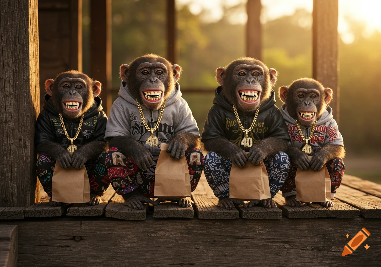Four chimpanzees in hoodies and patterned pants, wearing gold chains with '40' pendants and grillz, squatting with brown paper bags on a wooden porch at sunset.