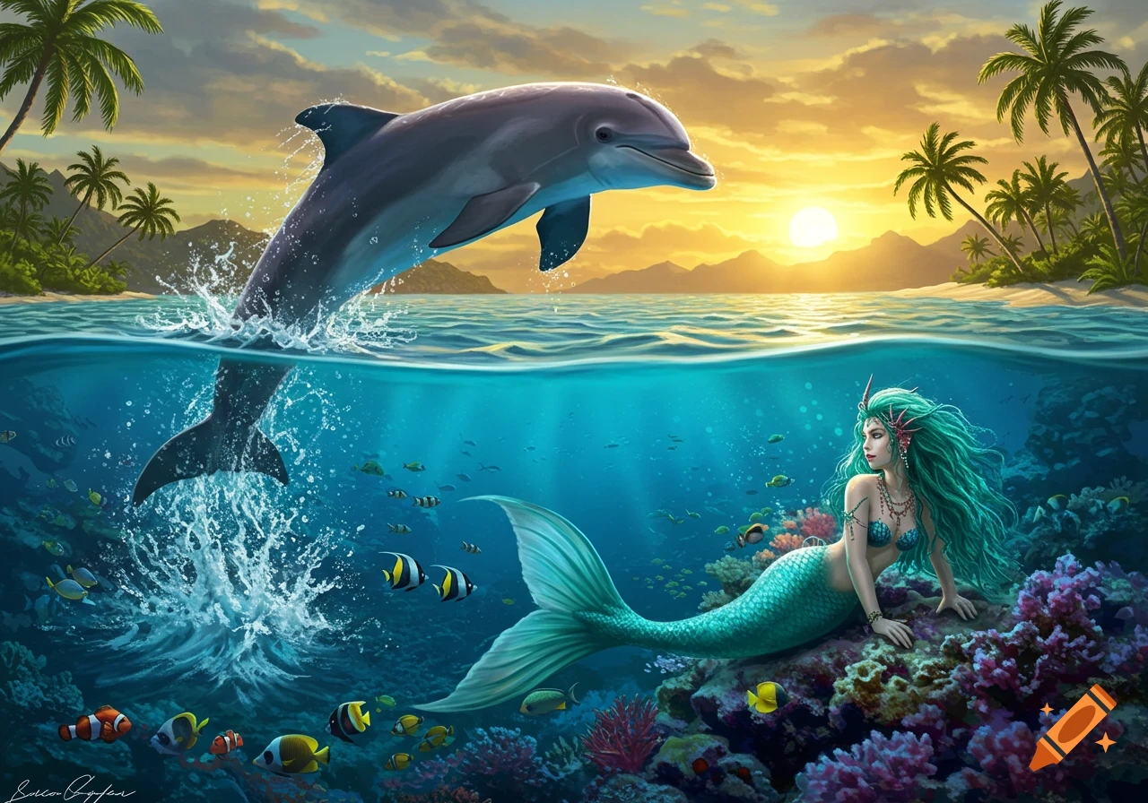 Digital painting of a dolphin leaping from tropical ocean waters as a mermaid with flowing teal hair reclines on coral below, a sunset island in the background.