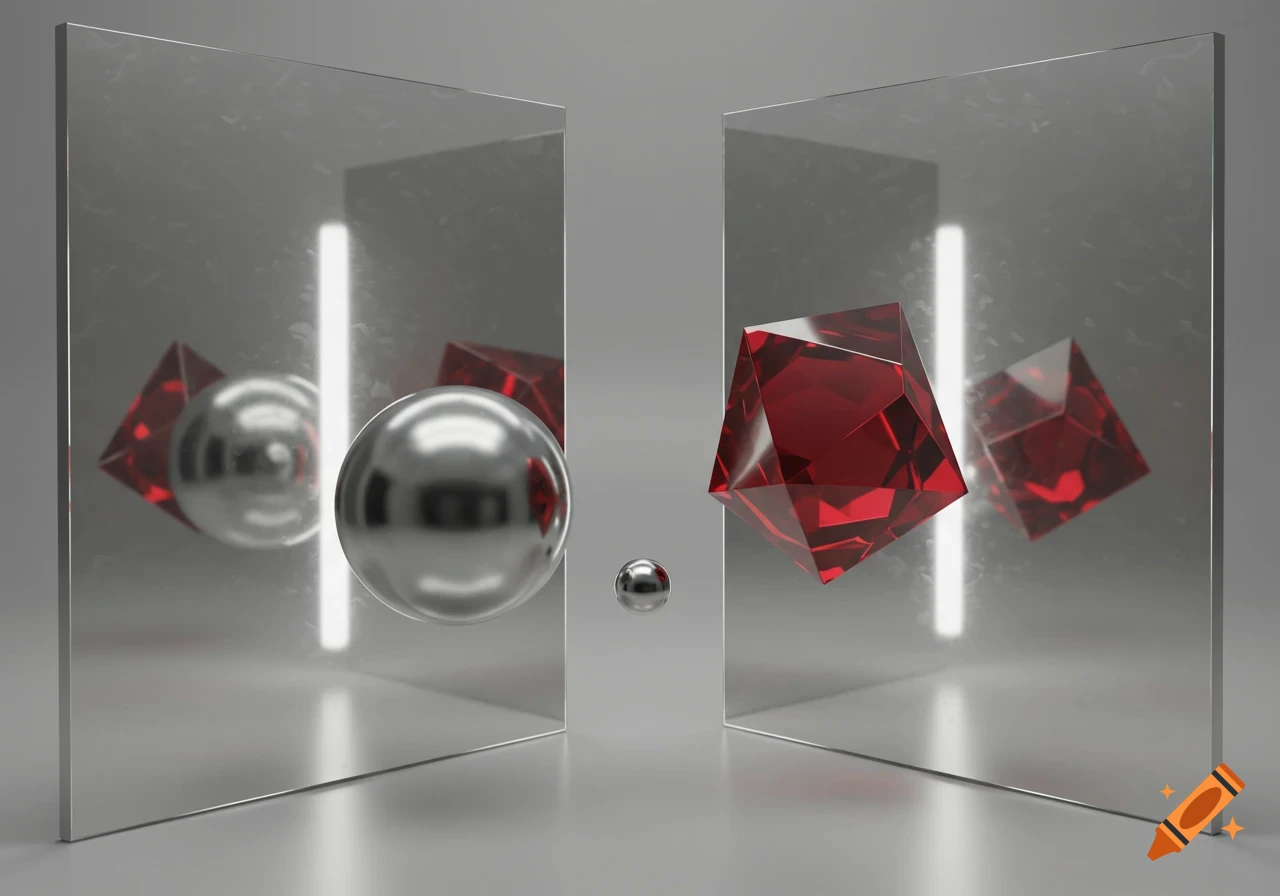 A shiny silver sphere and a red multifaceted gem reflected in two tall mirrors on a gray background.