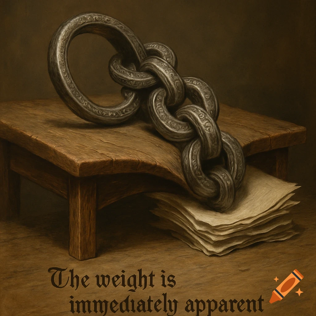 A heavy, ornate metal chain bends a wooden table and dents papers. Text: 'The weight is immediately apparent.'