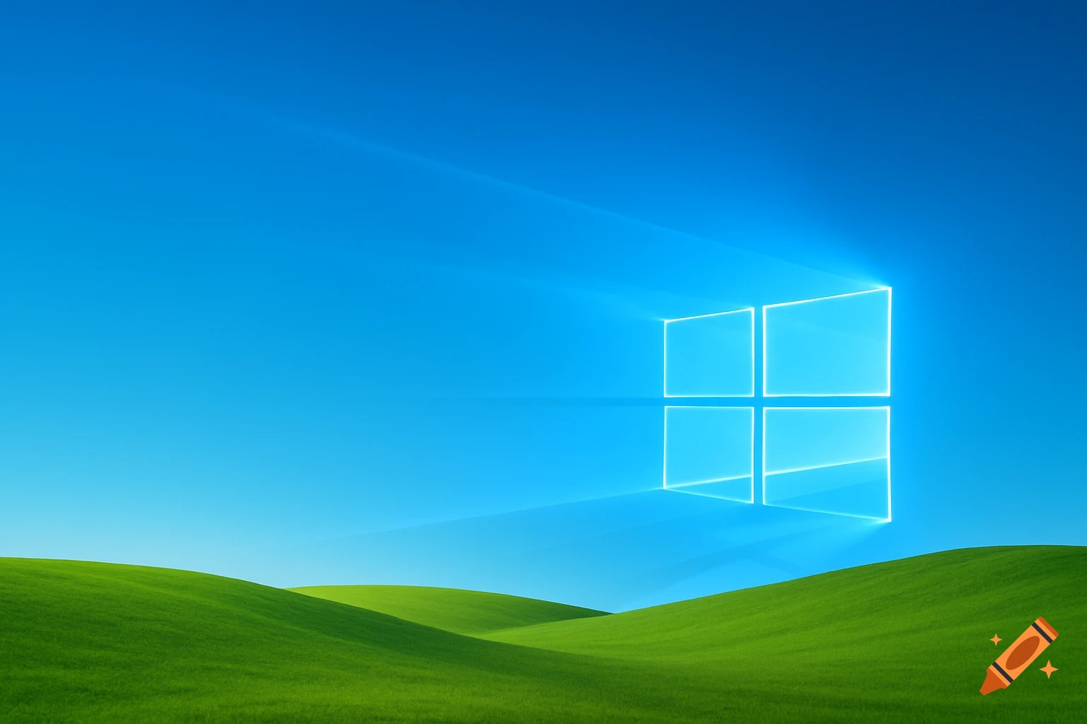 A vibrant blue sky with a glowing Windows logo over rolling green hills, resembling the Windows 10 default background.