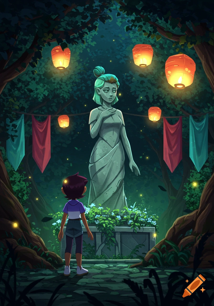 Luz stands before a solemn statue of Amity in a dark, glowing forest at night, illuminated by lanterns and fireflies in an animated style.