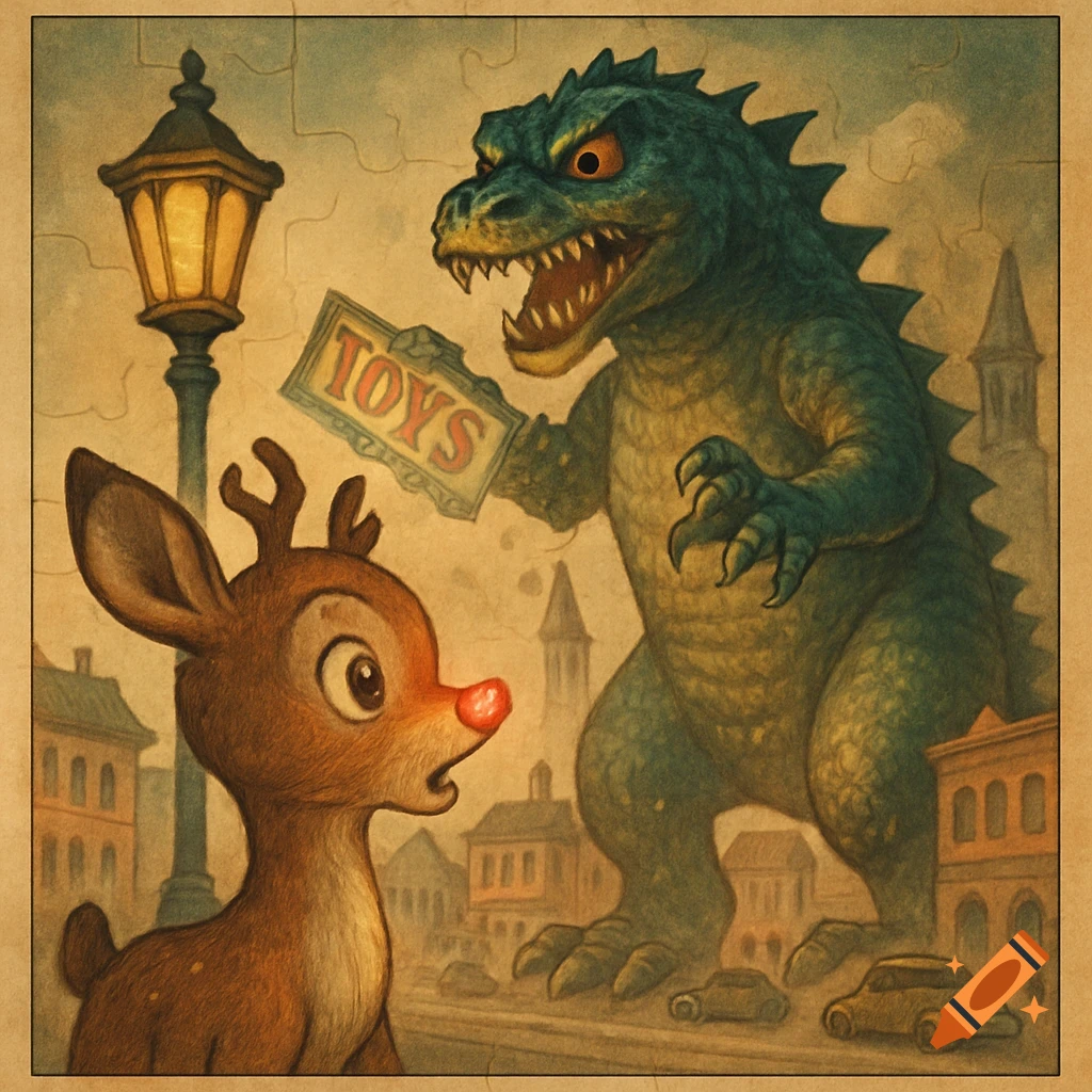 Vintage puzzle illustration of Rudolph the deer looking at a Godzilla-like monster holding a 'TOYS' sign in a city.