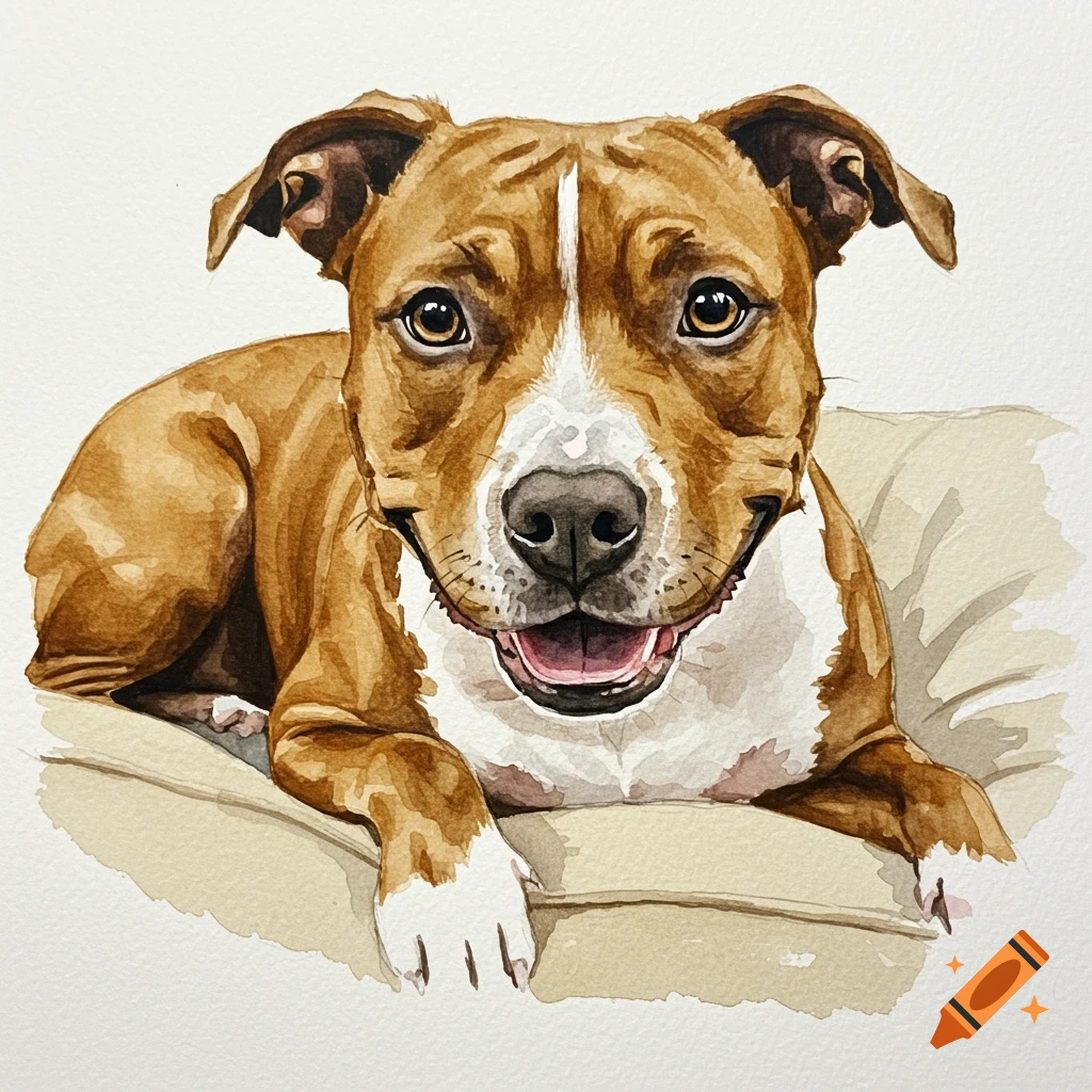 Watercolor portrait of a happy brown and white pit bull dog lying on a tan dog bed, looking directly at the camera.