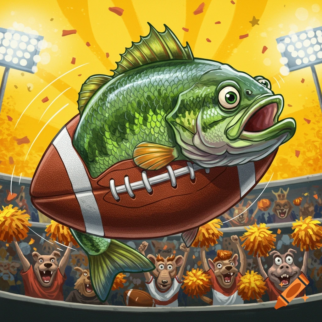 Cartoon bass fish as a football flying through a stadium packed with cheering animal spectators.