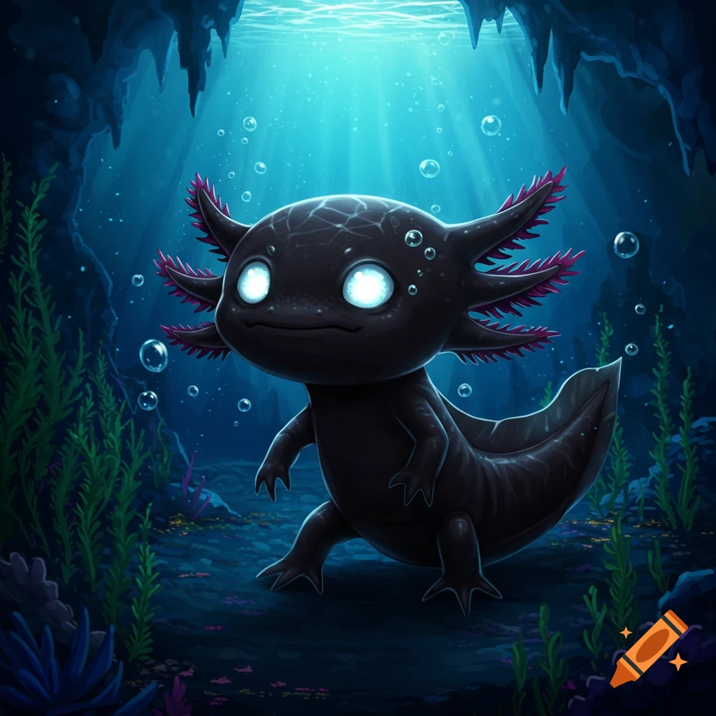 A cute, dark axolotl with glowing eyes in an illuminated underwater cave with aquatic plants, in an illustrative style.