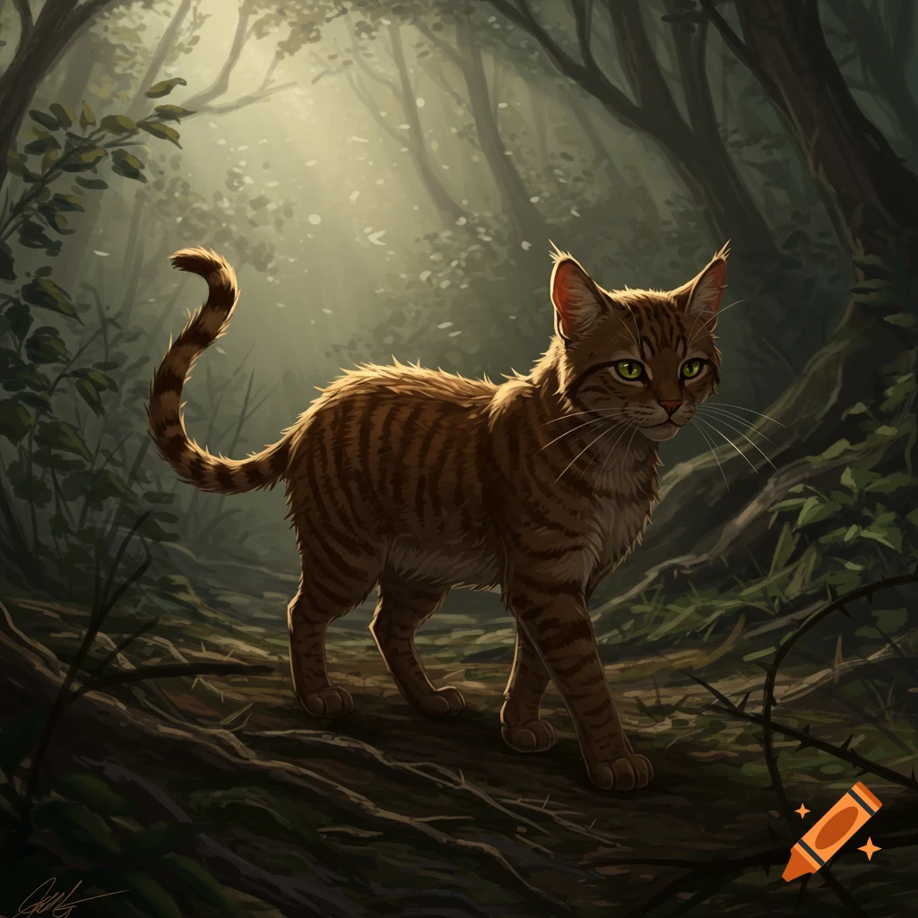 A brown tabby cat with green eyes walks through a dark, sun-dappled forest.