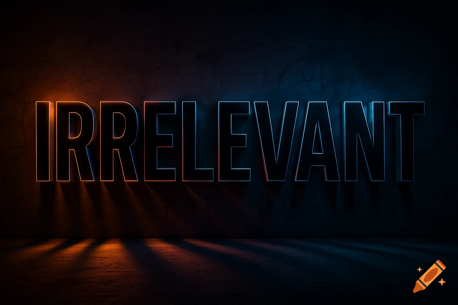 The word 'IRRELEVANT' in large, glowing 3D letters, with orange light on the left and blue light on the right, against a dark, textured wall.