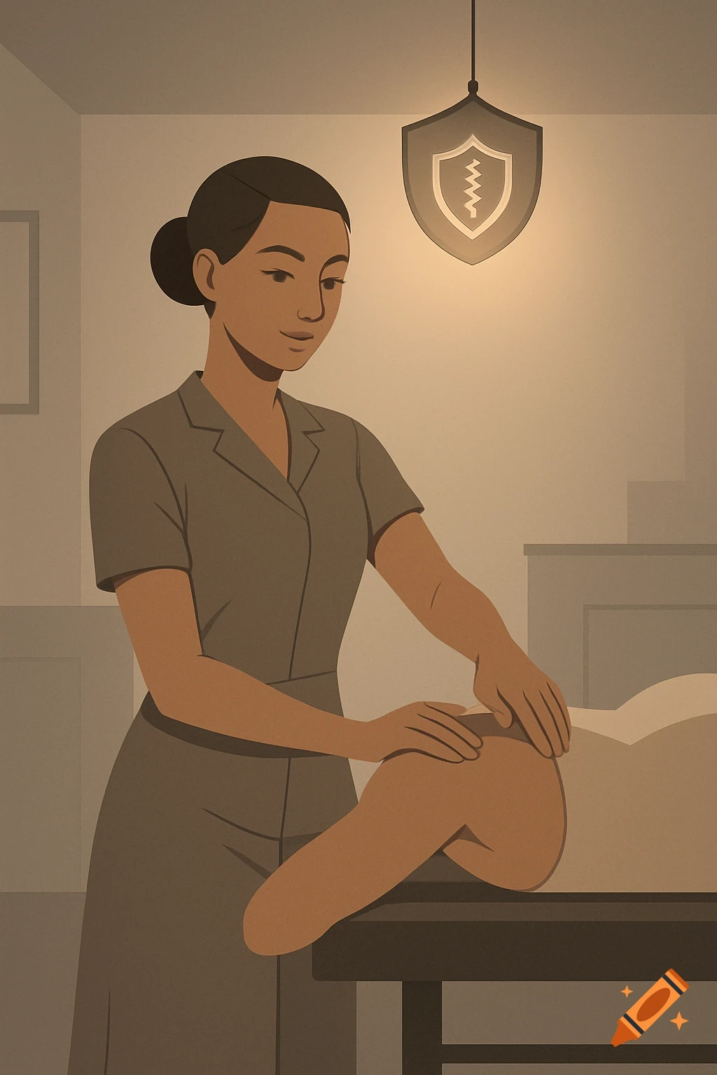 A stylized illustration of a female chiropractor massaging a patient on a table under a glowing shield icon.