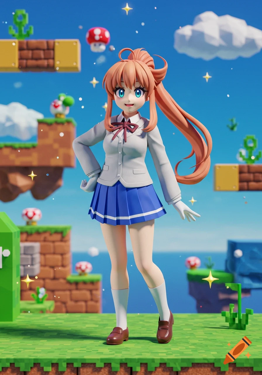 A 3D model of anime character Monika in a school uniform, standing in a colorful pixelated Super Mario-themed world with floating blocks and mushrooms.