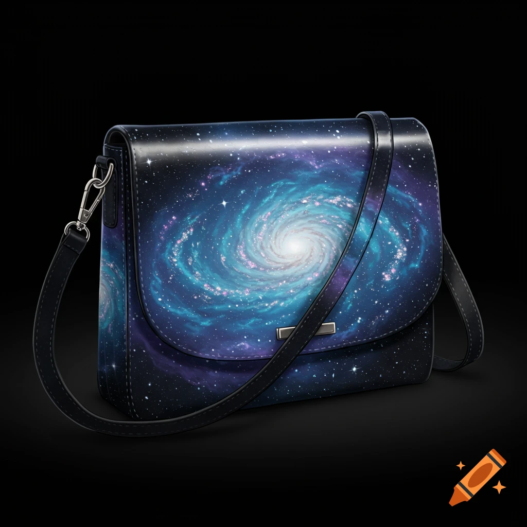 A stylish black shoulder bag featuring a vibrant swirling blue and purple galaxy design on a dark background.