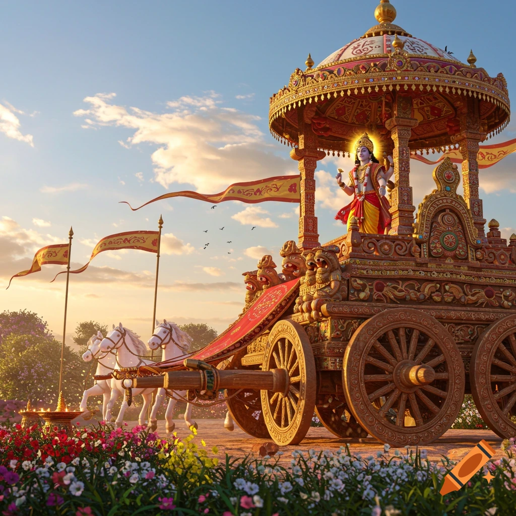 Ornate golden chariot with a deity resembling Krishna, pulled by white horses, amidst a field of flowers at sunset.